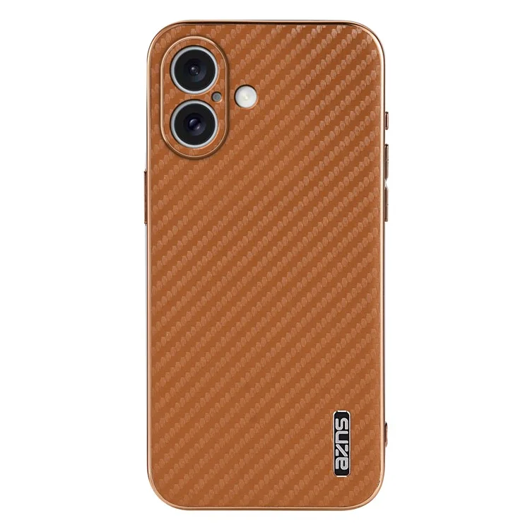 AZNS For iPhone 16 Case Electroplating Carbon Fiber Texture PU+TPU Phone Cover - Brown