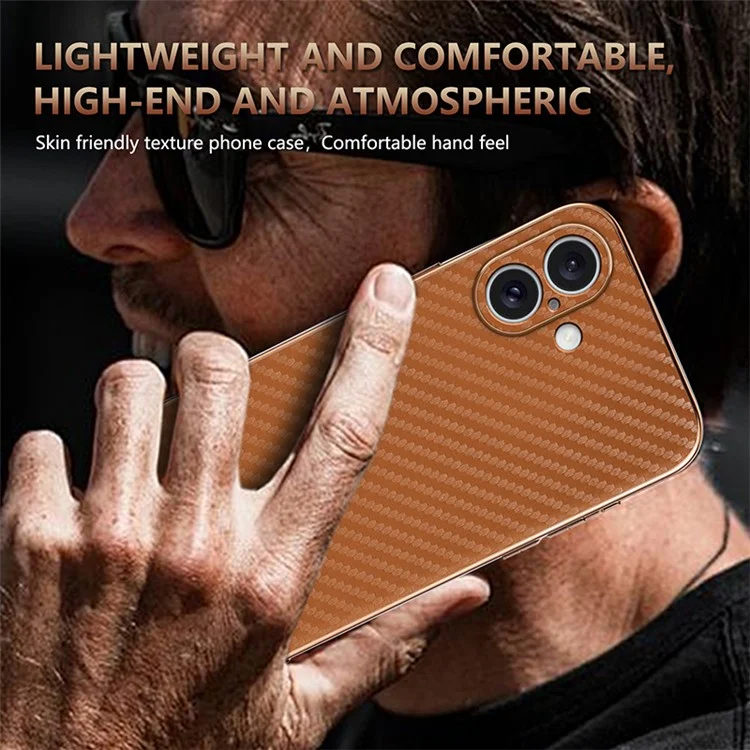 AZNS For iPhone 16 Case Electroplating Carbon Fiber Texture PU+TPU Phone Cover - Brown