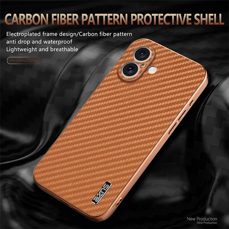 AZNS For iPhone 16 Case Electroplating Carbon Fiber Texture PU+TPU Phone Cover - Brown