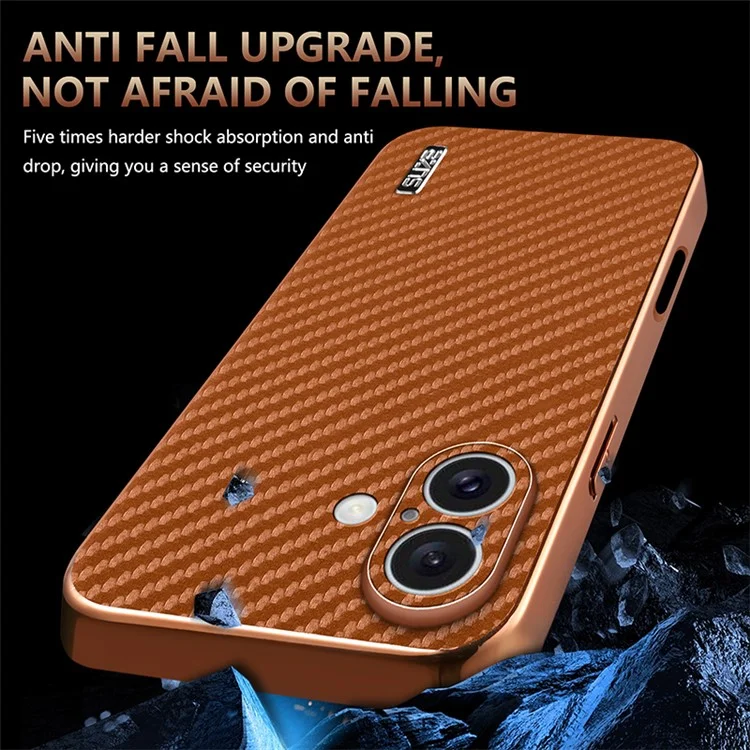 AZNS For iPhone 16 Case Electroplating Carbon Fiber Texture PU+TPU Phone Cover - Brown