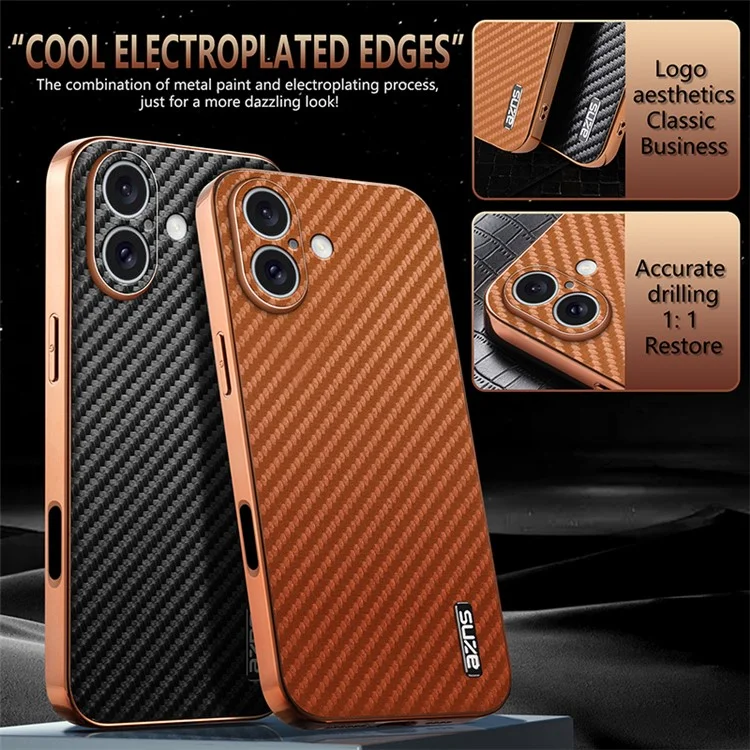 AZNS For iPhone 16 Case Electroplating Carbon Fiber Texture PU+TPU Phone Cover - Brown