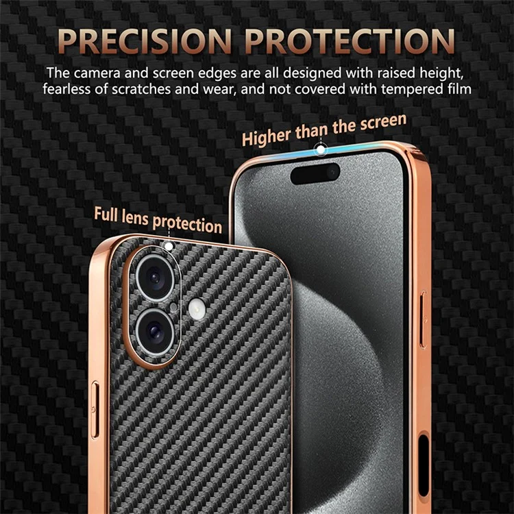 AZNS For iPhone 16 Case Electroplating Carbon Fiber Texture PU+TPU Phone Cover - Brown