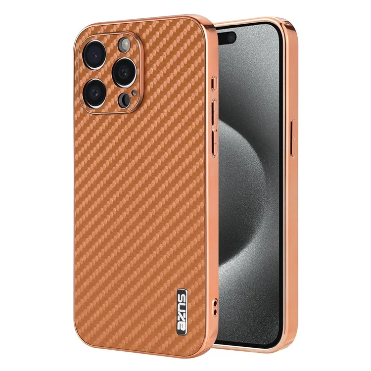 AZNS Pour Iphone 15 Pro Max Case Electroplasing Carbon Fiber Texture pu + Tpu Téléphone Couverture - Brun
