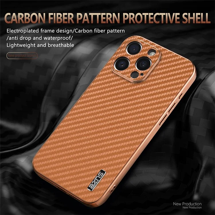 AZNS Pour Iphone 15 Pro Max Case Electroplasing Carbon Fiber Texture pu + Tpu Téléphone Couverture - Brun