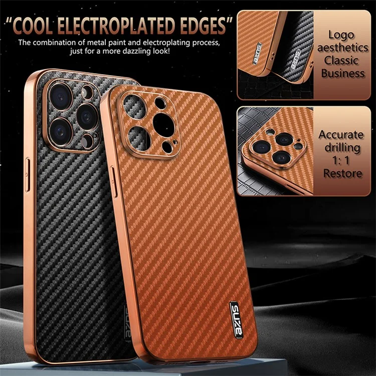 AZNS Pour Iphone 15 Pro Max Case Electroplasing Carbon Fiber Texture pu + Tpu Téléphone Couverture - Brun