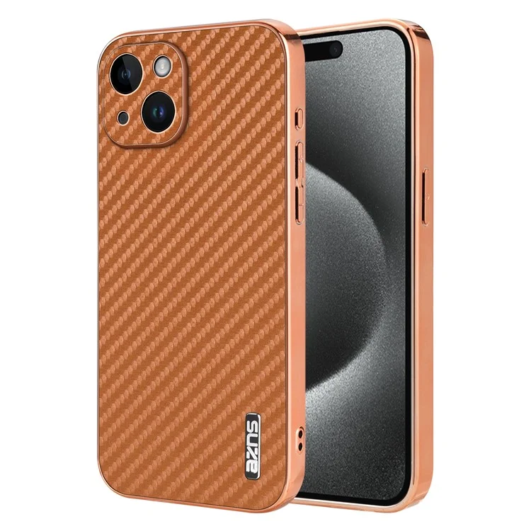 AZNS For iPhone 15 Case Electroplating Carbon Fiber Texture PU+TPU Phone Cover - Brown