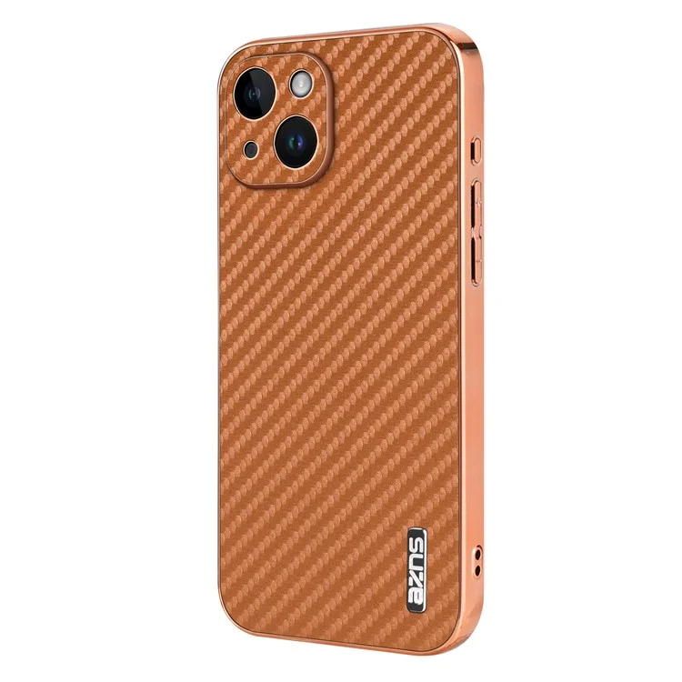 AZNS For iPhone 15 Case Electroplating Carbon Fiber Texture PU+TPU Phone Cover - Brown