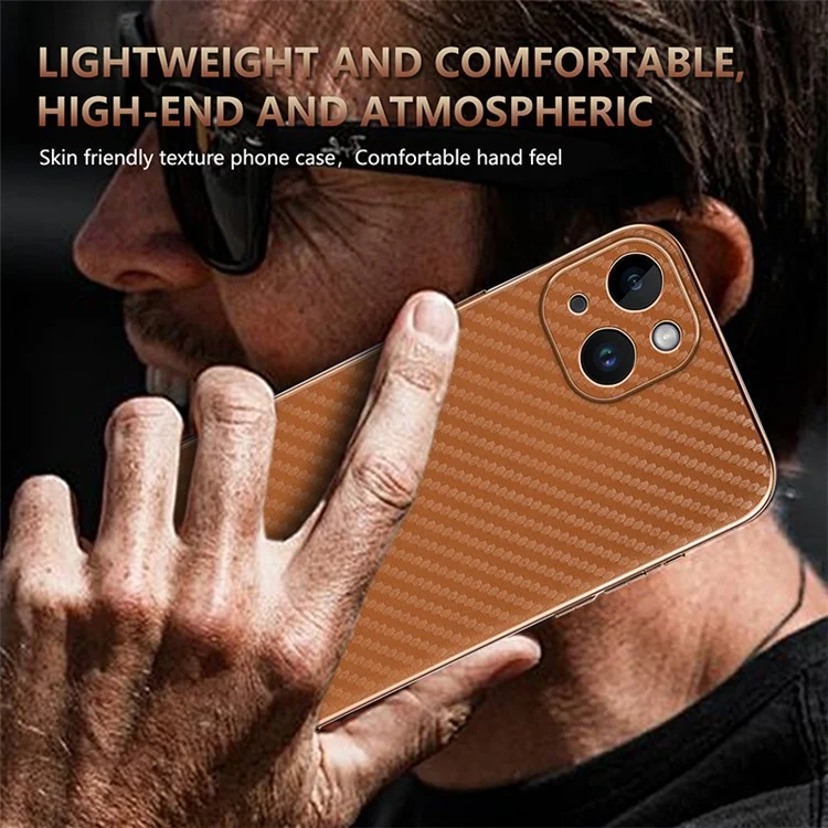AZNS For iPhone 15 Case Electroplating Carbon Fiber Texture PU+TPU Phone Cover - Brown