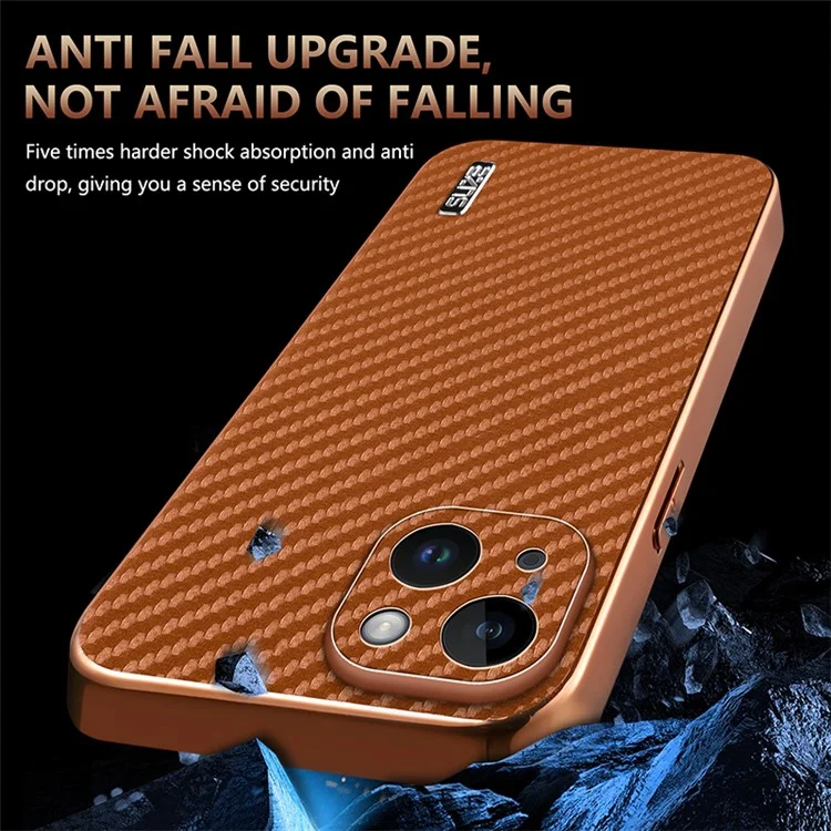 AZNS For iPhone 15 Case Electroplating Carbon Fiber Texture PU+TPU Phone Cover - Brown