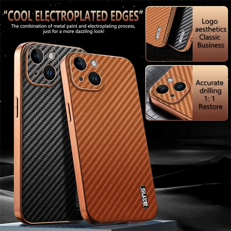 AZNS For iPhone 15 Case Electroplating Carbon Fiber Texture PU+TPU Phone Cover - Brown