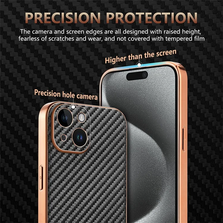 AZNS For iPhone 15 Case Electroplating Carbon Fiber Texture PU+TPU Phone Cover - Brown