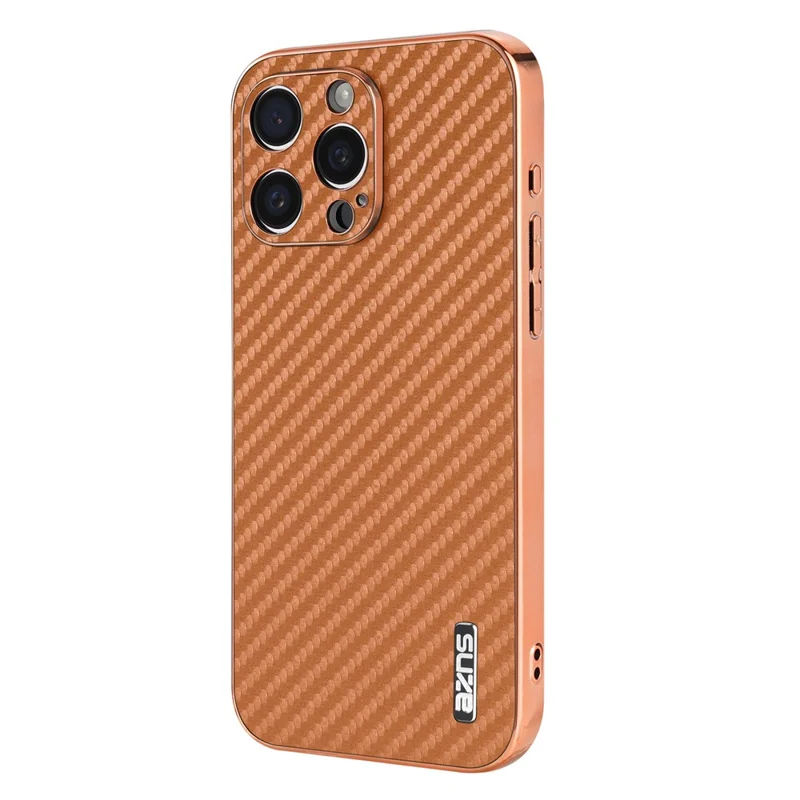 AZNS For iPhone 15 Pro Case Electroplating Carbon Fiber Texture PU+TPU Phone Cover - Brown