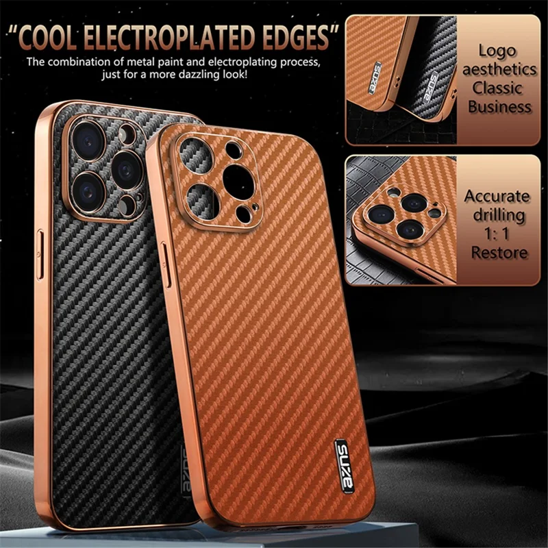 AZNS For iPhone 15 Pro Case Electroplating Carbon Fiber Texture PU+TPU Phone Cover - Brown