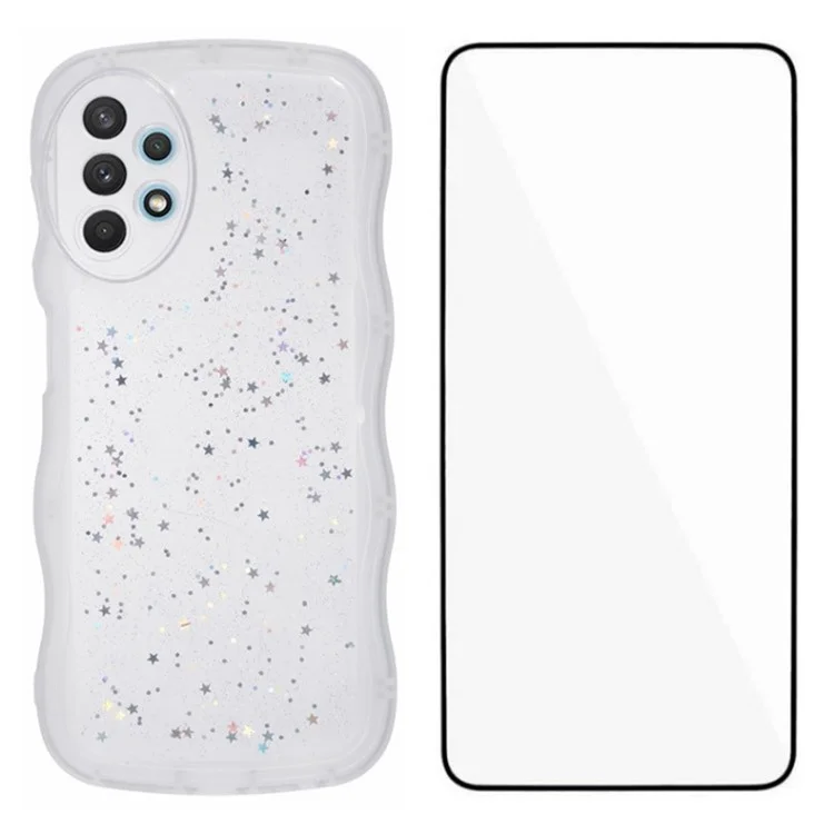 Série Wanlonfeng JWT Pour Samsung Galaxy A53 5G TPU Couverture Epoxy Couverture Téléphone Wavy Avec Verre Trempé - Blanc Transparent
