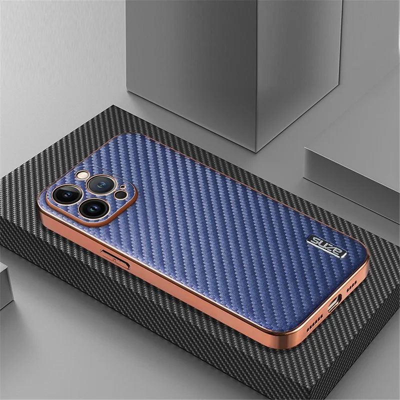 AZNS For iPhone 13 Pro Max Case Electroplating Carbon Fiber Texture PU+TPU Phone Cover - Blue