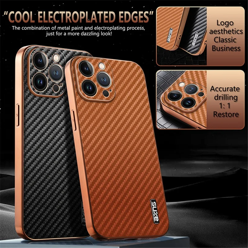 AZNS For iPhone 13 Pro Max Case Electroplating Carbon Fiber Texture PU+TPU Phone Cover - Blue