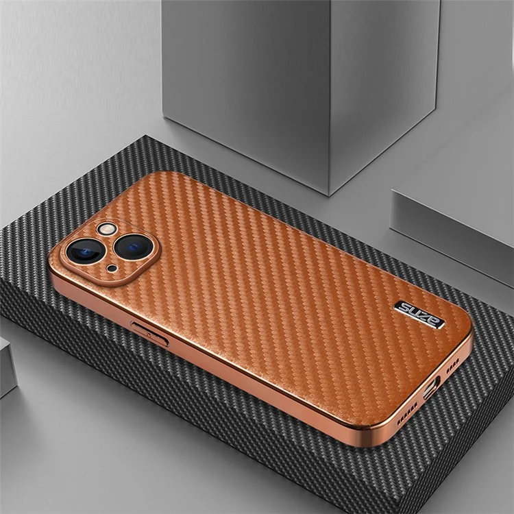 AZNS Para Iphone 13 Case Electroplatando la Textura de la Fibra de Carbono PU+TPU Teléfono - Marrón