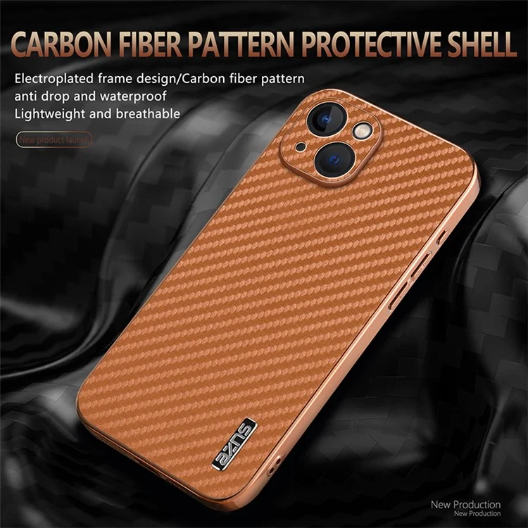 AZNS Para Iphone 13 Case Electroplatando la Textura de la Fibra de Carbono PU+TPU Teléfono - Marrón