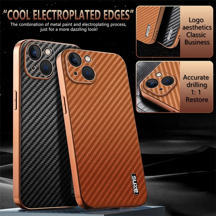 AZNS Para Iphone 13 Case Electroplatando la Textura de la Fibra de Carbono PU+TPU Teléfono - Marrón