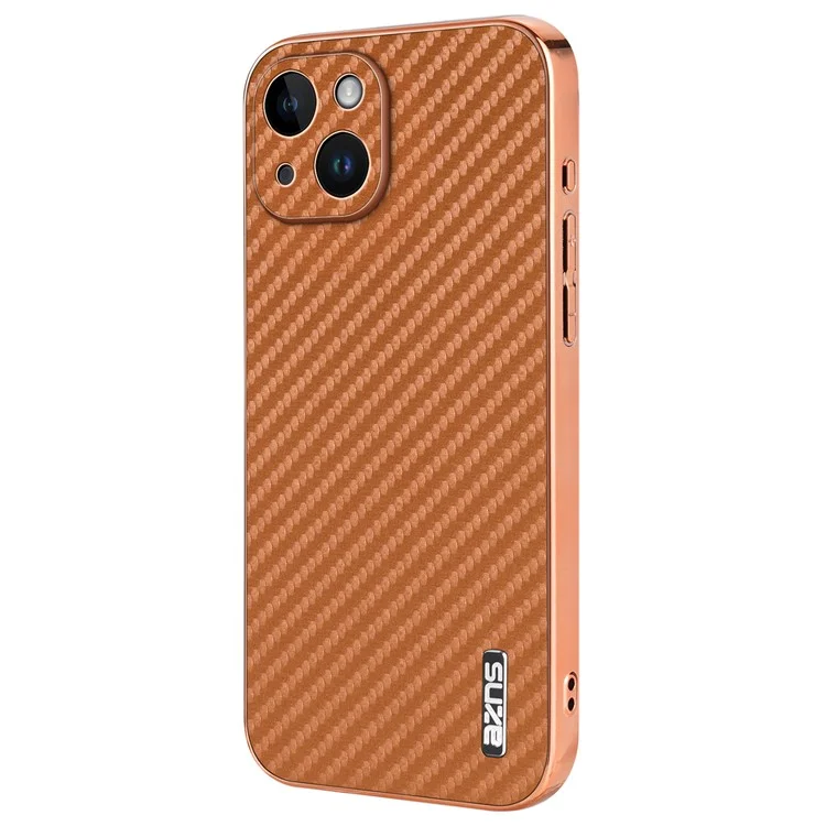 AZNS Para Iphone 14 Case Eletroplicar Textura de Fibra de Carbono PU+TPU Tampa de Telefone - Marrom
