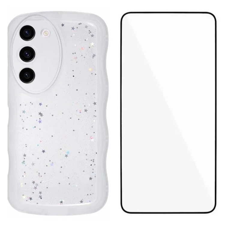 Série Wanlonfeng JWT Pour Samsung Galaxy S23 + TPU Couverture Epoxy Téléphone Ende Wavy Avec Verre Trempé - Blanc Transparent