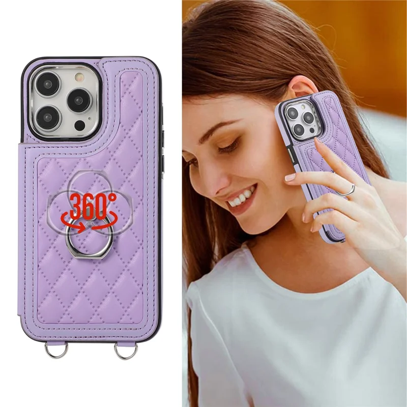 Pour L'iphone 16 Pro Case Anti-Drop Tpu + pu Leather Cover Avec Berline à Anneau et Bandoulière - Violet