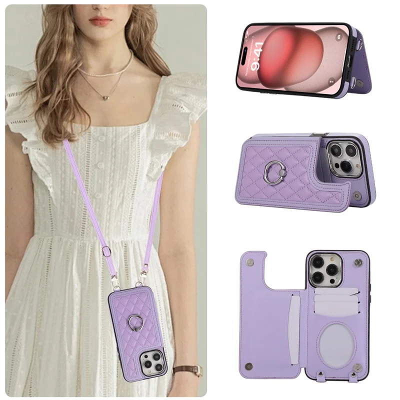 Pour L'iphone 16 Pro Case Anti-Drop Tpu + pu Leather Cover Avec Berline à Anneau et Bandoulière - Violet