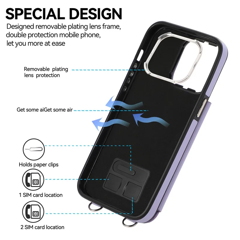 Pour L'iphone 16 Pro Case Anti-Drop Tpu + pu Leather Cover Avec Berline à Anneau et Bandoulière - Violet