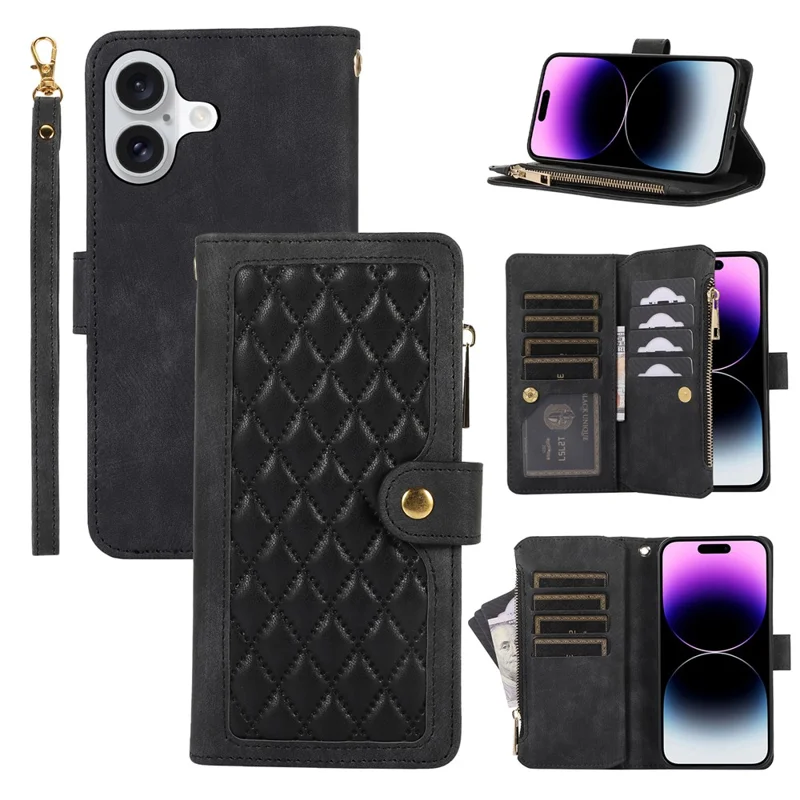 Para Iphone 16 Case TPU+PU Cubierta de Bolsillo de Bolsillo de Bolsillo Con Correa Para la Muñeca - Negro