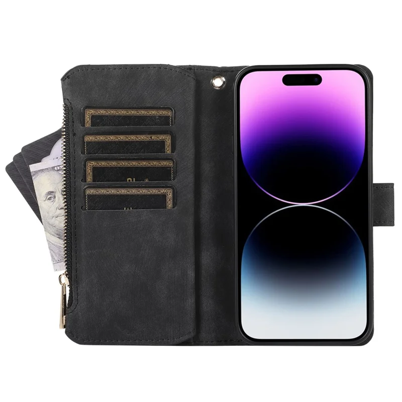 Para Iphone 16 Case TPU+PU Cubierta de Bolsillo de Bolsillo de Bolsillo Con Correa Para la Muñeca - Negro