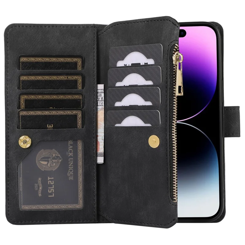 Para Iphone 16 Case TPU+PU Cubierta de Bolsillo de Bolsillo de Bolsillo Con Correa Para la Muñeca - Negro