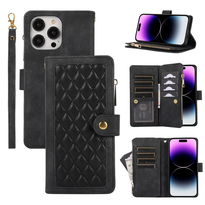 Para Iphone 16 Pro Case TPU+PU Cubierta de Bolsillo de Bolsillo Con Cremallera Con Correa Para la Muñeca - Negro