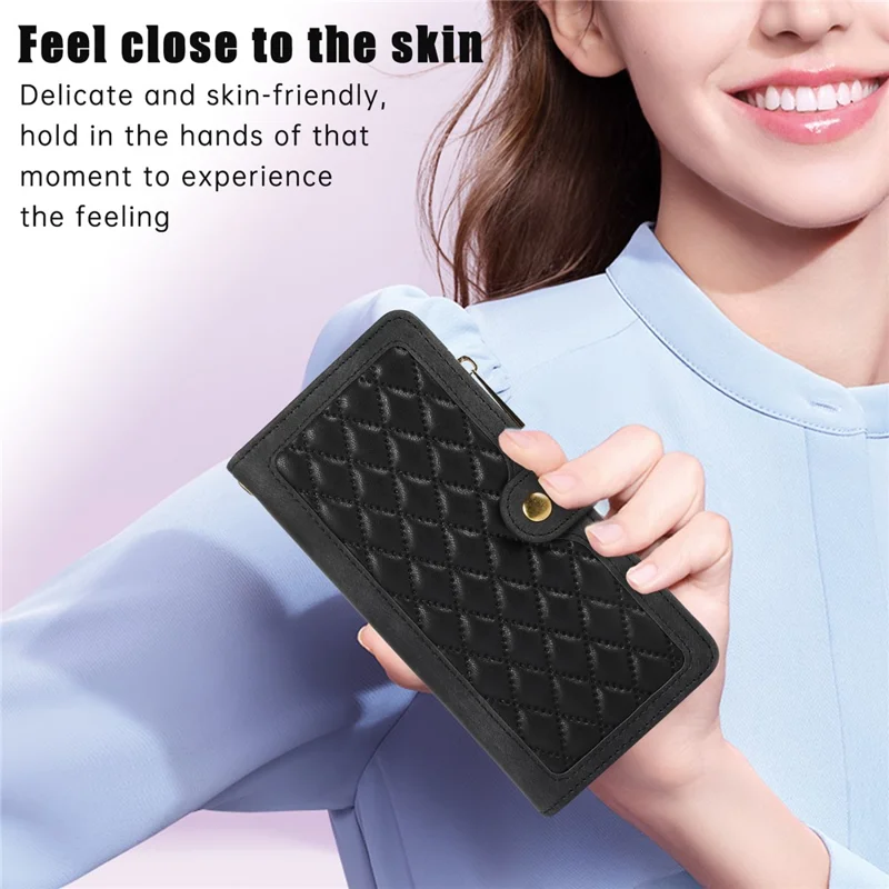 Para Iphone 16 Pro Case TPU+PU Cubierta de Bolsillo de Bolsillo Con Cremallera Con Correa Para la Muñeca - Negro