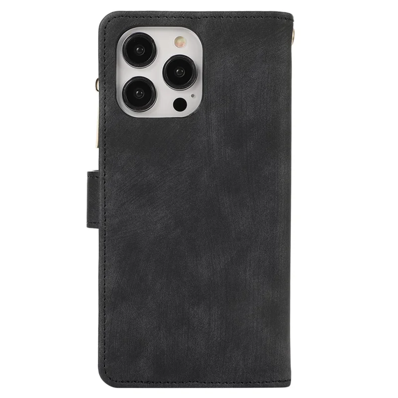 Para Iphone 16 Pro Case TPU+PU Cubierta de Bolsillo de Bolsillo Con Cremallera Con Correa Para la Muñeca - Negro