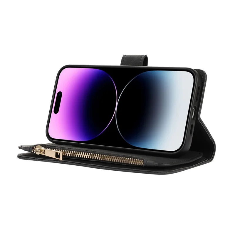 Para Iphone 16 Pro Case TPU+PU Cubierta de Bolsillo de Bolsillo Con Cremallera Con Correa Para la Muñeca - Negro