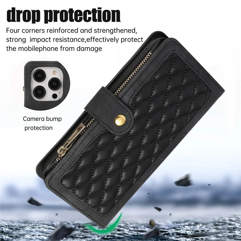 Para Iphone 16 Pro Case TPU+PU Cubierta de Bolsillo de Bolsillo Con Cremallera Con Correa Para la Muñeca - Negro