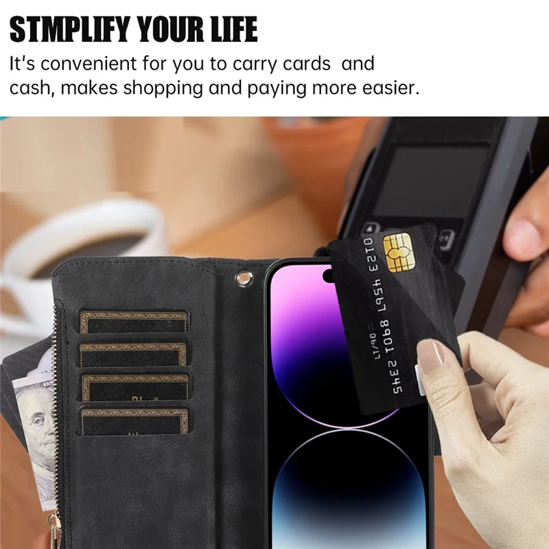Para Iphone 16 Pro Case TPU+PU Cubierta de Bolsillo de Bolsillo Con Cremallera Con Correa Para la Muñeca - Negro