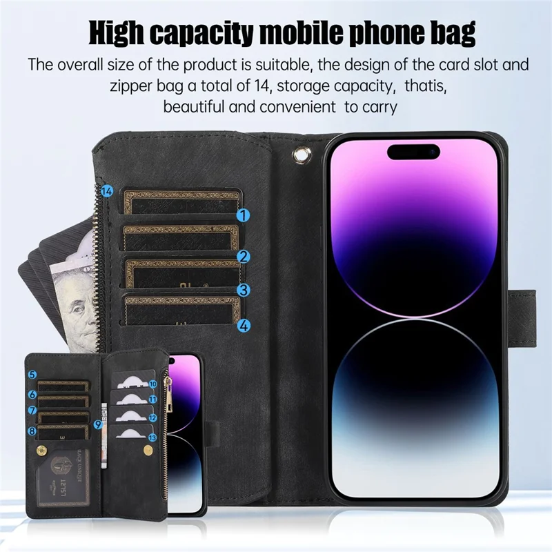 Para Iphone 16 Pro Max Case TPU+PU Zipper Caper Capela de Pole - Preto