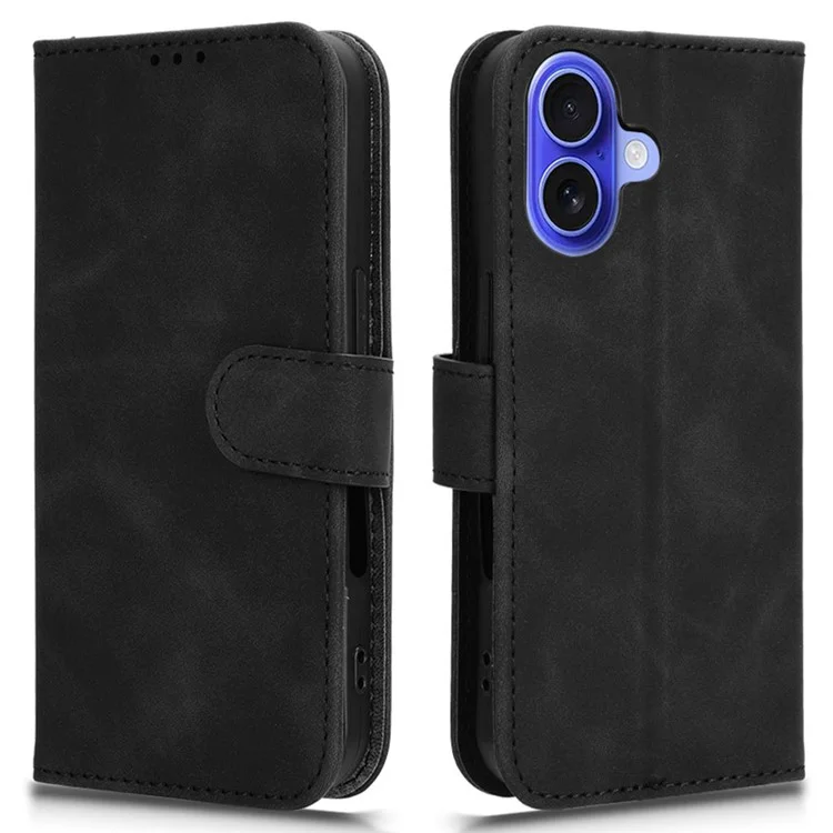 For iPhone 16 Plus Leather Case Skin-Feel Anti-Drop Wallet Flip Phone Cover - Black