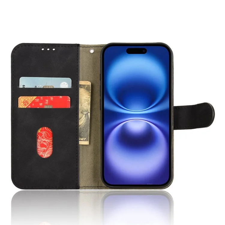 For iPhone 16 Plus Leather Case Skin-Feel Anti-Drop Wallet Flip Phone Cover - Black
