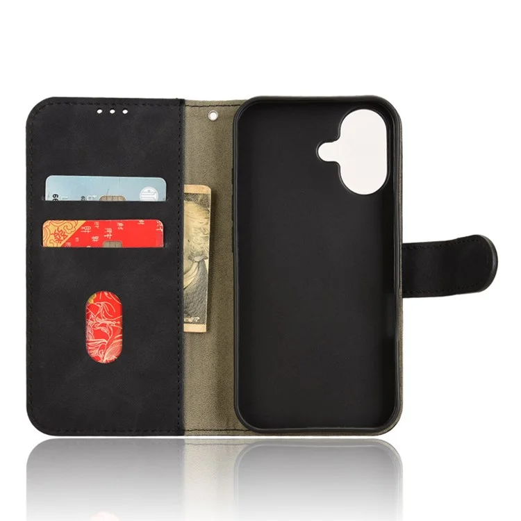 For iPhone 16 Plus Leather Case Skin-Feel Anti-Drop Wallet Flip Phone Cover - Black