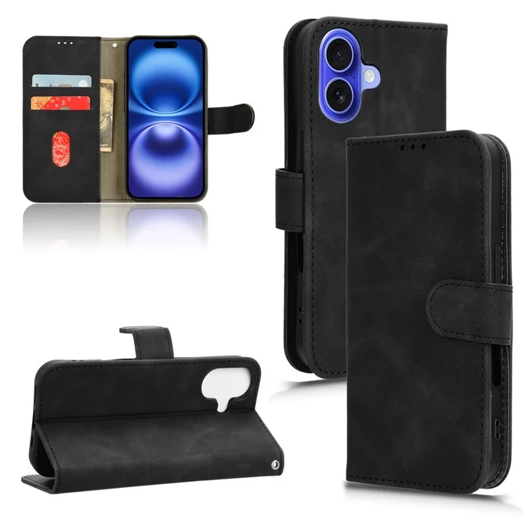 For iPhone 16 Plus Leather Case Skin-Feel Anti-Drop Wallet Flip Phone Cover - Black