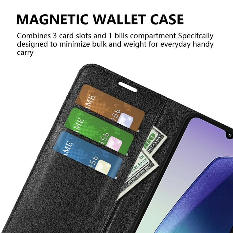 Pour le Xiaomi Poco C75 4G / Redmi 14R 5G / 14C 4G, étui en cuir portefeuille antichoc à texture de litchi - Noir