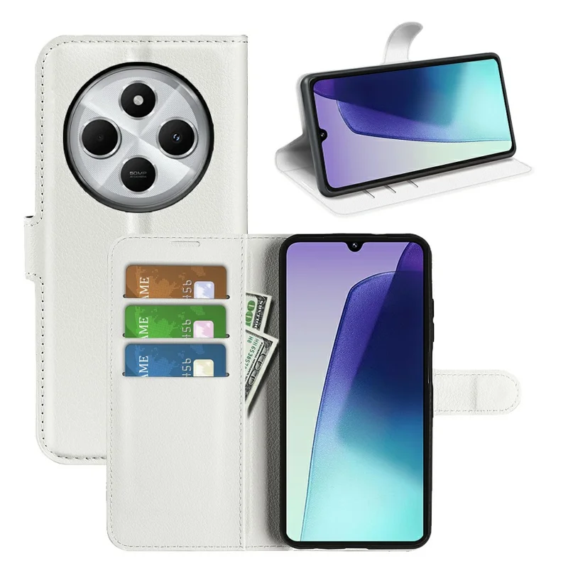 For Xiaomi Poco C75 4G / Redmi 14R 5G / 14C 4G Case Litchi Texture Shockproof Leather Wallet Phone Cover - White
