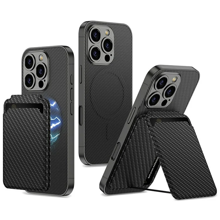 GKK Pour Iphone 16 Pro Max Case Compatible Avec Magsafe pu + pc Phone Shell Avec Titulaire de Carte Kickstand - Texture en Fibre de Carbone