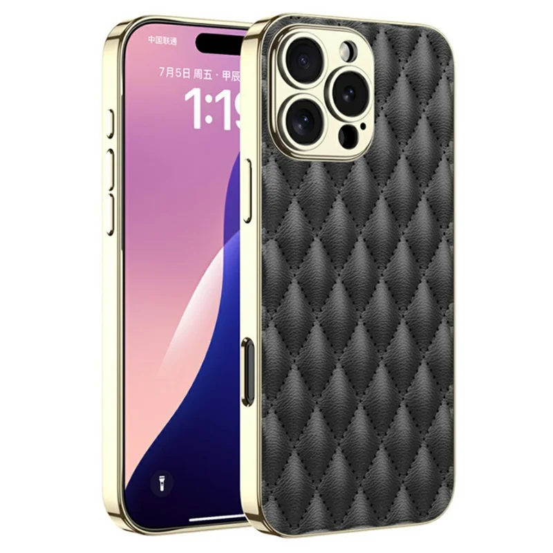 GKK Pour iPhone 16 Pro Max Case Rhombus Imprinted PU+TPU+PC Phone Shell Electroplating Border - Noir