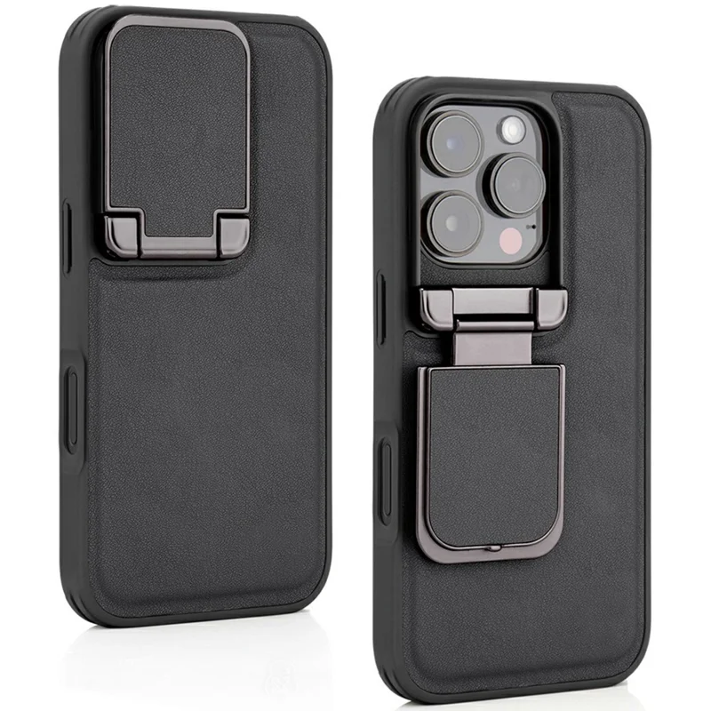 GKK For iPhone 16 Pro Case PU Leather Covered PC Phone Shell with Lens Guard Kickstand - Black