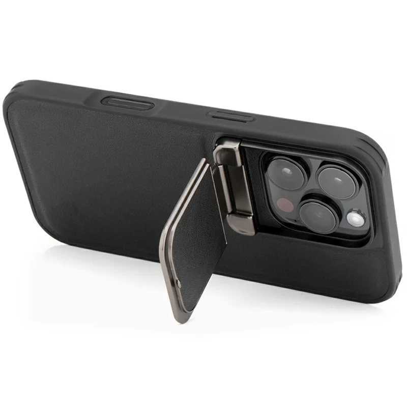GKK For iPhone 16 Pro Case PU Leather Covered PC Phone Shell with Lens Guard Kickstand - Black