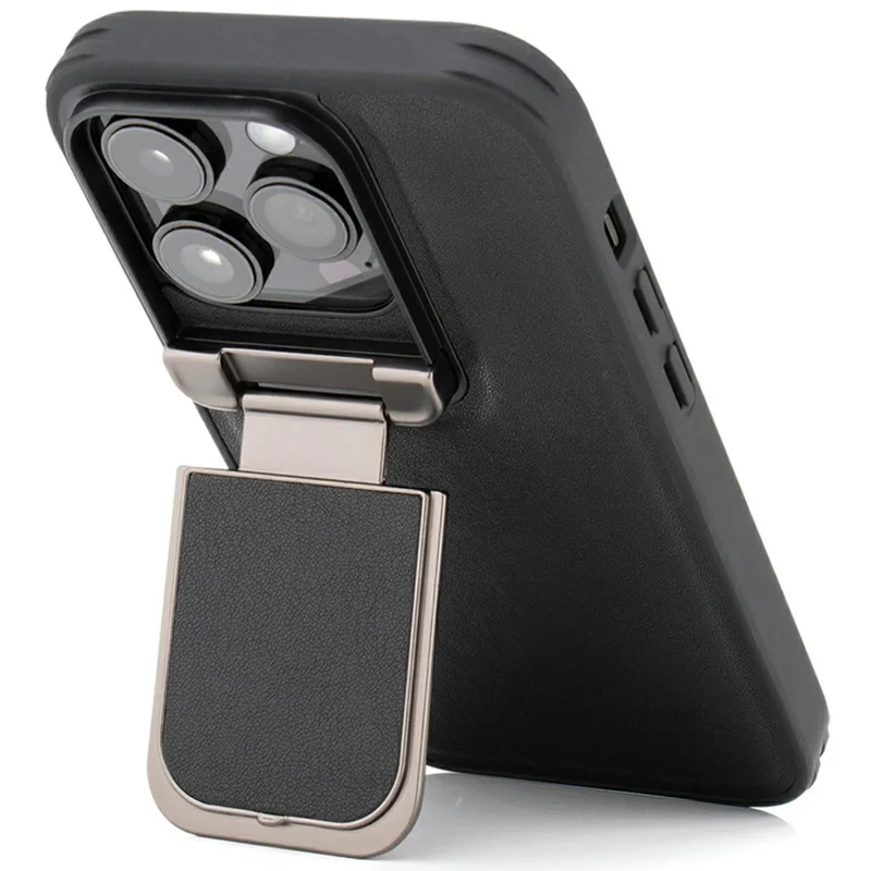 GKK For iPhone 16 Pro Case PU Leather Covered PC Phone Shell with Lens Guard Kickstand - Black