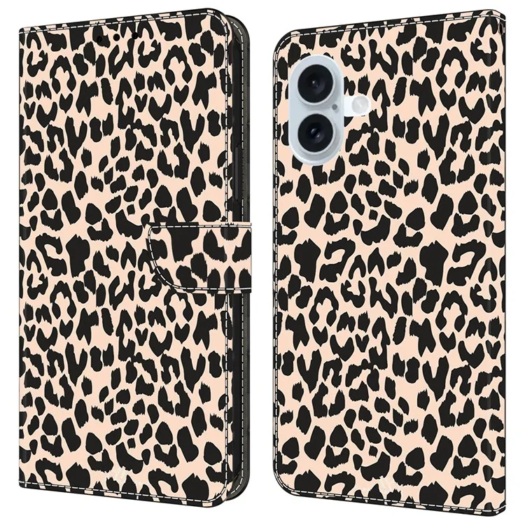 For iPhone 16 Plus Case Pattern Printed Protective Cover TPU+PU Leather Flip Phone Case - Leopard Print